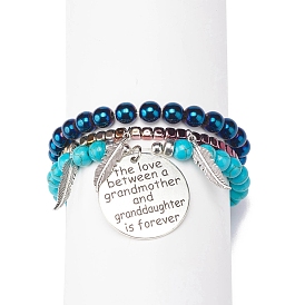 3Pcs 3 Style Synthetic Turquoise(Dyed) & Hematite Stretch Bracelets Set, Feather Shape & Word The Love Between a Grandmother and Granddaughter is Forever Charms Bracelets for Women