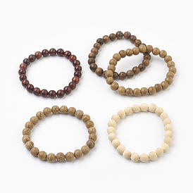 Bracelets extensibles en bois de santal teinté naturel, ronde, Emballage en toile de jute
