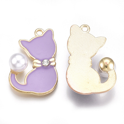 Alloy Enamel Kitten Pendants, Cadmium Free & Lead Free, with Rhinestone and ABS Plastic Imitation Pearl, Cat with Bowknot Shape, Light Gold, Crystal