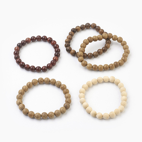 Natural Dyed Sandalwood Beads Stretch Bracelets, Round, Burlap Packing