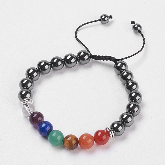 Chakra bijoux, bracelets de perles tressées d'hématite synthétique non magnétique, avec pierres mixtes et les accessoires en alliage , corde de nylon, des boîtes en carton