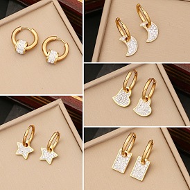 Stainless Steel Earrings with Full Rhinestones, Star and Moon Design, Elegant Heart Studs