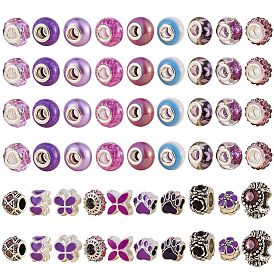 56Pcs 19 Style Transparent Resin European Beads, Imitation Crystal, Large Hole Beads, with Silver Tone Brass Double Cores, Rondelle & Flower & Butterfly & Dog Paw Prints
