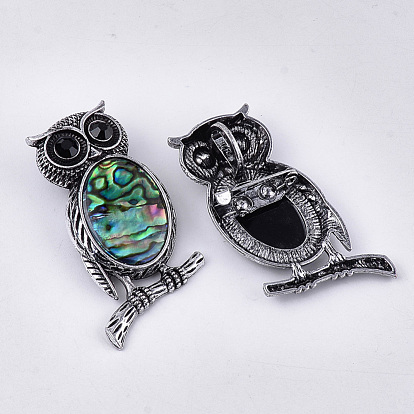 Abalone Shell/Paua Shell Brooches/Pendants, with Rhinestone and Alloy Findings, Resin Bottom, Owl