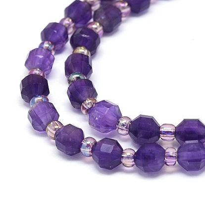 Natural Amethyst Beads Strands, with Seed Beads, Faceted, Bicone, Double Terminated Point Prism Beads