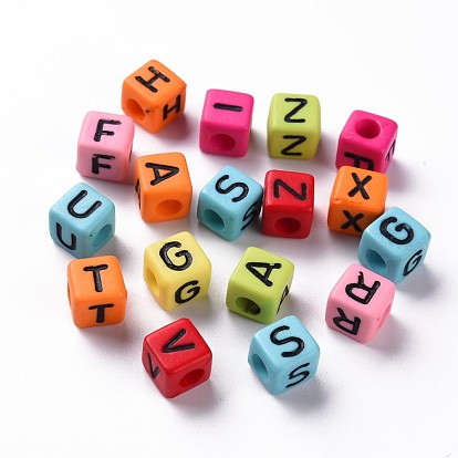 Opaque Mixed Color Acrylic Beads, Horizontal Hole, Cube with Black Random Letter