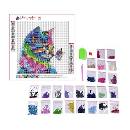 Diy 5d animaux chat motif toile kits de peinture au diamant, avec des strass de résine, stylo collant, plateau, colle d'argile, pour la décoration murale de la maison cadeau d'art de diamant de forage complet