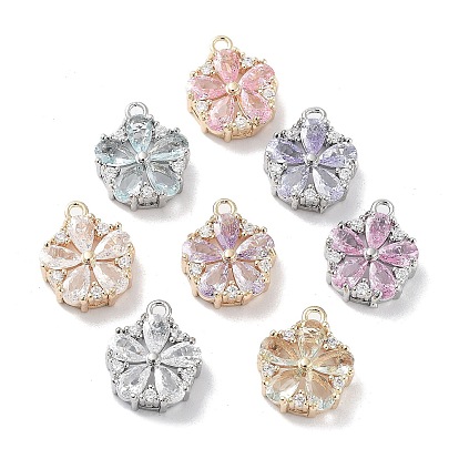 Brass Micro Pave Cubic Zirconia Charms, with Mixed Color Glass, Flower Charm