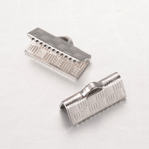 Rectangle 304 Stainless Steel Ribbon Crimp Ends, 13x5x7mm, Hole: 1x2.5mm