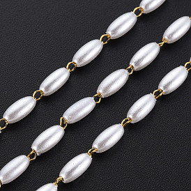 304 chaînes de perles imitation perle en acier inoxydable et en plastique ABS, soudé, avec bobine, ovale