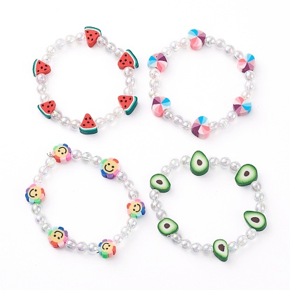 Étirer bracelets pour enfants, avec de l'acrylique transparent respectueux de l'environnement et des perles d'argile polymère fruits & coeurs & tournesols