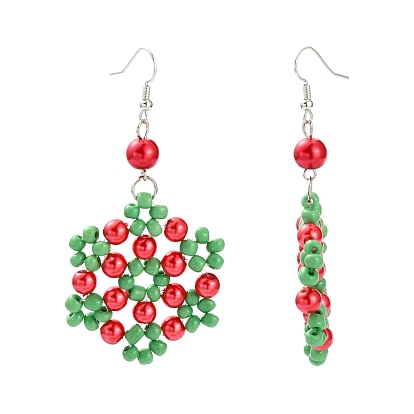 Flower Glass Pearl Beads Dangle Earrings for Christmas, with Glass Seed Beads and Brass Earring Hooks, 76mm, Pin: 0.7mm