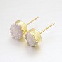 Natural Druzy Agate Stud Earrings, with Golden Plated Brass Findings, Flat Round, 7~8x5~8mm, Pin: 0.8mm