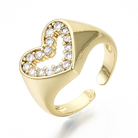 Brass Micro Pave Clear Cubic Zirconia Cuff Rings, Open Rings, Wide Band Rings, Cadmium Free & Nickel Free & Lead Free, Heart