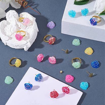 Kit de fabrication de boucles d'oreilles et de bagues en forme de fleur de rose, y compris les cabochons acryliques, 304 recherche de boucles d'oreilles en acier inoxydable, bases de bagues en laiton