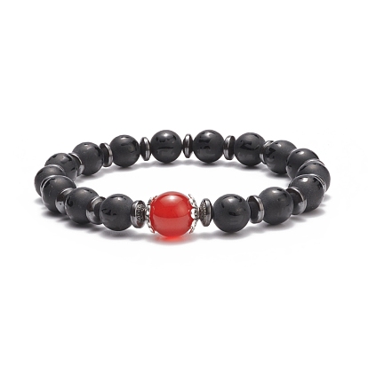 Om Mani Padme Hum Mala Bead Bracelet, Natural Agate & Synthetic Hematite Round Beaded Stretch Bracelet for Women