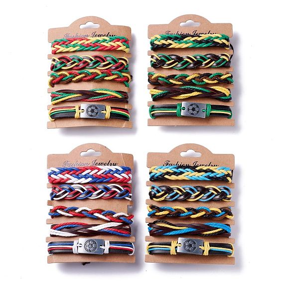 Leather Cord Bracelets Set for Men Women, Football Rectangle Link Braided Bracelets, Adjustable Sport Wristbands