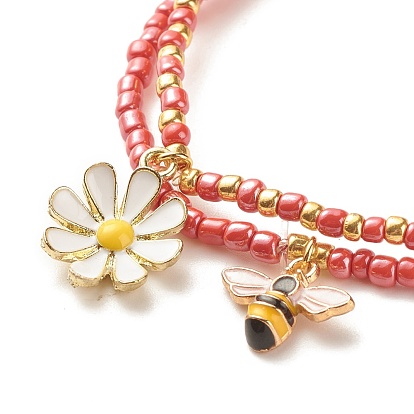 2Pcs Glass Seed Beaded Stretch Bracelets Set, Alloy Enamel Bees & Flower Charm Bracelet for Women