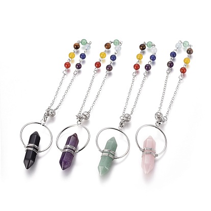 Chakra Natural Gemstone Pointed Dowsing Pendulums, with Mixed Stone and Brass Findings, Bullet