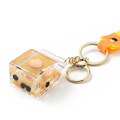Porte-clés pendentif acrylique thé au lait perlé, avec fermoirs mousqueton en alliage doré clair, porte-clés en fer et ruban plastique pvc