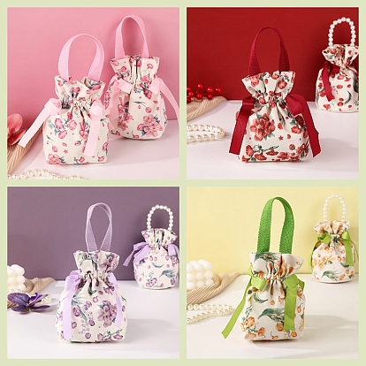 Cloth Flower Print Drawstring Pouches, Candy Gift Tote Bags Christmas Party Wedding Favors Bags