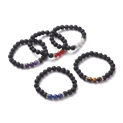 Bracelets élastiques ronds en pierre de lave naturelle, avec des perles d'espacement en alliage plaqué argent antique et des perles de pierres précieuses naturelles