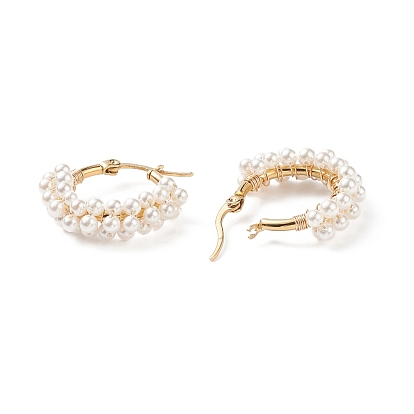 Aretes de aro con cuentas y perlas de concha, joyería de envoltura de alambre de latón dorado para mujer