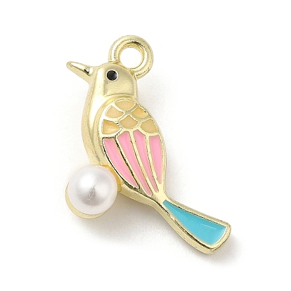 Colgantes de la aleación del esmalte, con perlas de imitación de acrílico, dorado, amuleto de pájaro