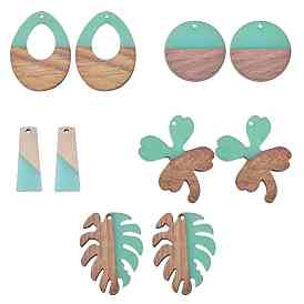 SUNNYCLUE Resin & Wood Pendants, Tropical Leaf Charms, Flat Round & Teardrop & Monstera Leaf & Trapezoid & Clover