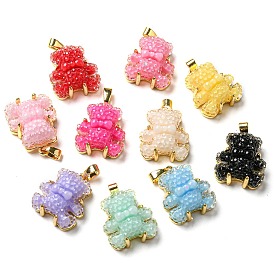 Druzy Resin Pendants, Bear Charms with Rack Plating Real 18K Gold Plated Brass Findings, Long-Lasting Plated, Cadmium Free & Lead Free