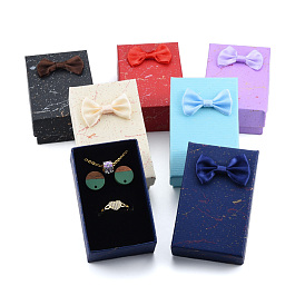 Cardboard Jewelry Set Boxes, for Necklaces, Ring, Earring, with Bowknot Ribbon Outside and Black Sponge Inside, Rectangle