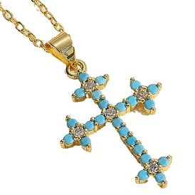 Collier avec pendentif en laiton plaqué or véritable et zircon cubique pour femmes, croix