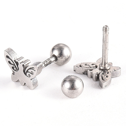 201 Stainless Steel Barbell Cartilage Earrings, Screw Back Earrings, with 304 Stainless Steel Pins, Butterfly