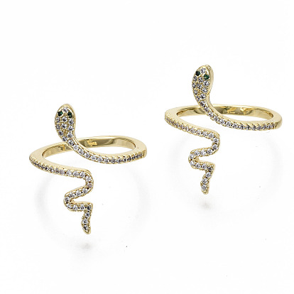 Latón micro pavé claro anillos de brazalete de circonio cúbico, anillos abiertos, anillos de banda ancha, sin cadmio y níque y plomo, serpiente