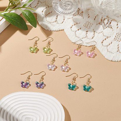 5 Pairs 5 Color Glass Butterfly Dangle Earrings, Brass Drop Earrings for Women