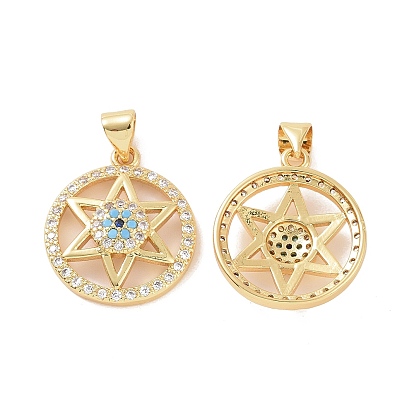 Brass Micro Pave Cubic Zirconia Pendants, Flat Round with Star of David & Evil Eye Charm