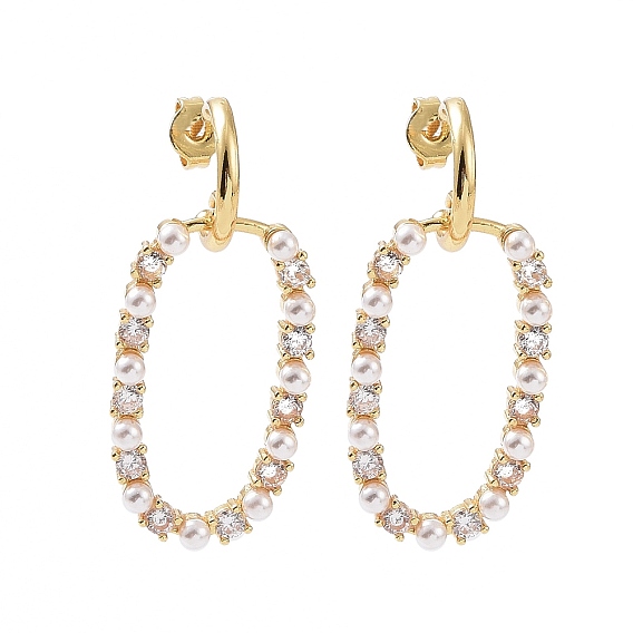 Clear Cubic Zirconia Oval Dangle Stud Earrings with Plastic Pearl Beaded, Brass Jewelry for Women