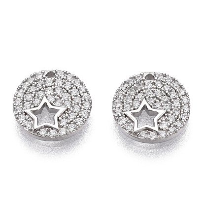925 Sterling Silver Micro Pave Cubic Zirconia Charms, with S925 Stamp, Flat Round with Star Charms, Nickel Free
