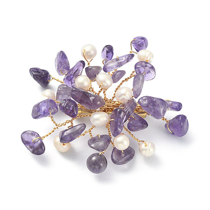 Natural Mixed Gemstone Chips & Pearl Beaded Flower Brooch Pin, Golden 304 Stainless Steel Wire Wrap Lapel Pin for Women