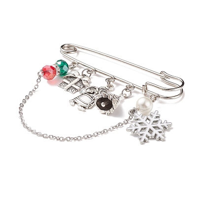 Christmas Gift Box & Snowflake & Santa Claus Charms Alloy Safety Pin Brooch, Glass Pearl Beaded Lapel Pin for Women