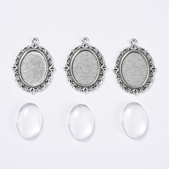 DIY Pendant Making, with Tibetan Style Alloy Pendant Cabochon Settings and Transparent Oval Glass Cabochon