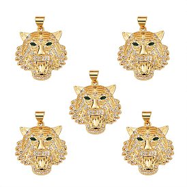 5Pcs Brass Micro Pave Clear & Green Cubic Zirconia Pendants, Nickel Free, Tiger