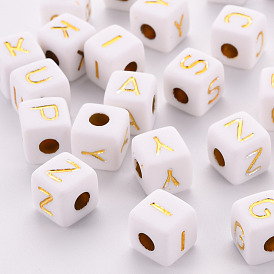 Opaque White Acrylic European Beads, Horizontal Hole, Large Hole Beads, Metal Enlaced, Cube with Gold Random Letters