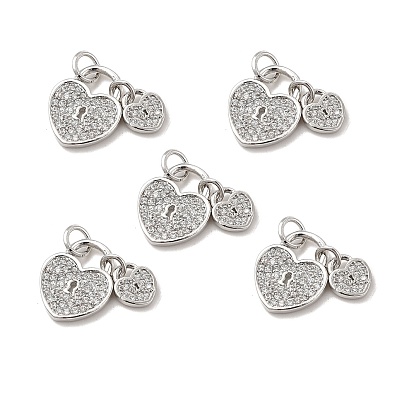 Brass Micro Pave Clear Cubic Zirconia Charms, with Jump Ring, Double Heart Lock Charm