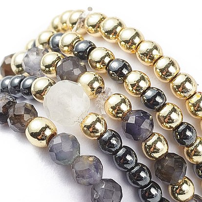 5pcs 5 style pierre de lune arc-en-ciel naturelle et dichroïte et hématite synthétique ensemble de bagues extensibles perlées rondes, bijoux en pierres précieuses pour femmes