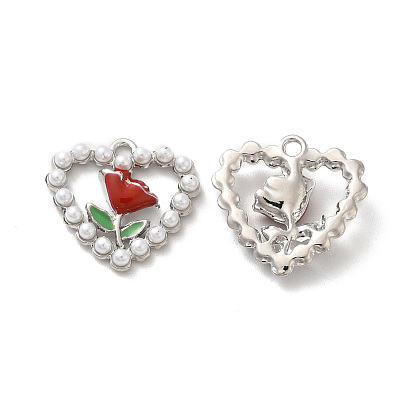 Rack Plating Alloy Enamel Pendants, with Imitation Pearl Beaded, Nickel Free, Heart with Flower Charms