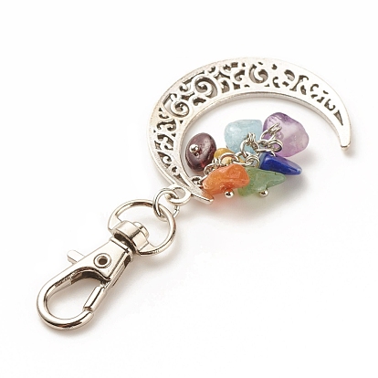 Chakra Theme Natural Gemstone Pendant Decorations, with Alloy Swivel Lobster Claw Clasps, Tibetan Style Moon Pendant