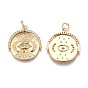 Brass Micro Pave Clear Cubic Zirconia Pendants, Long-Lasting Plated, Flat Round with Eye