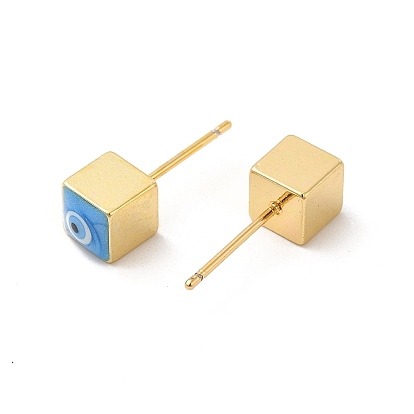 Long-Lasting Plated Cube with Enamel Evil Eye Stud Earring, Real 18K Gold Plated Brass Jewelry for Women