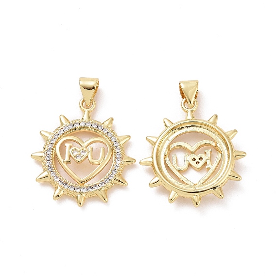 Brass Micro Pave Clear Cubic Zirconia Pendants, Sun with Heart & Word I Love You Charms
